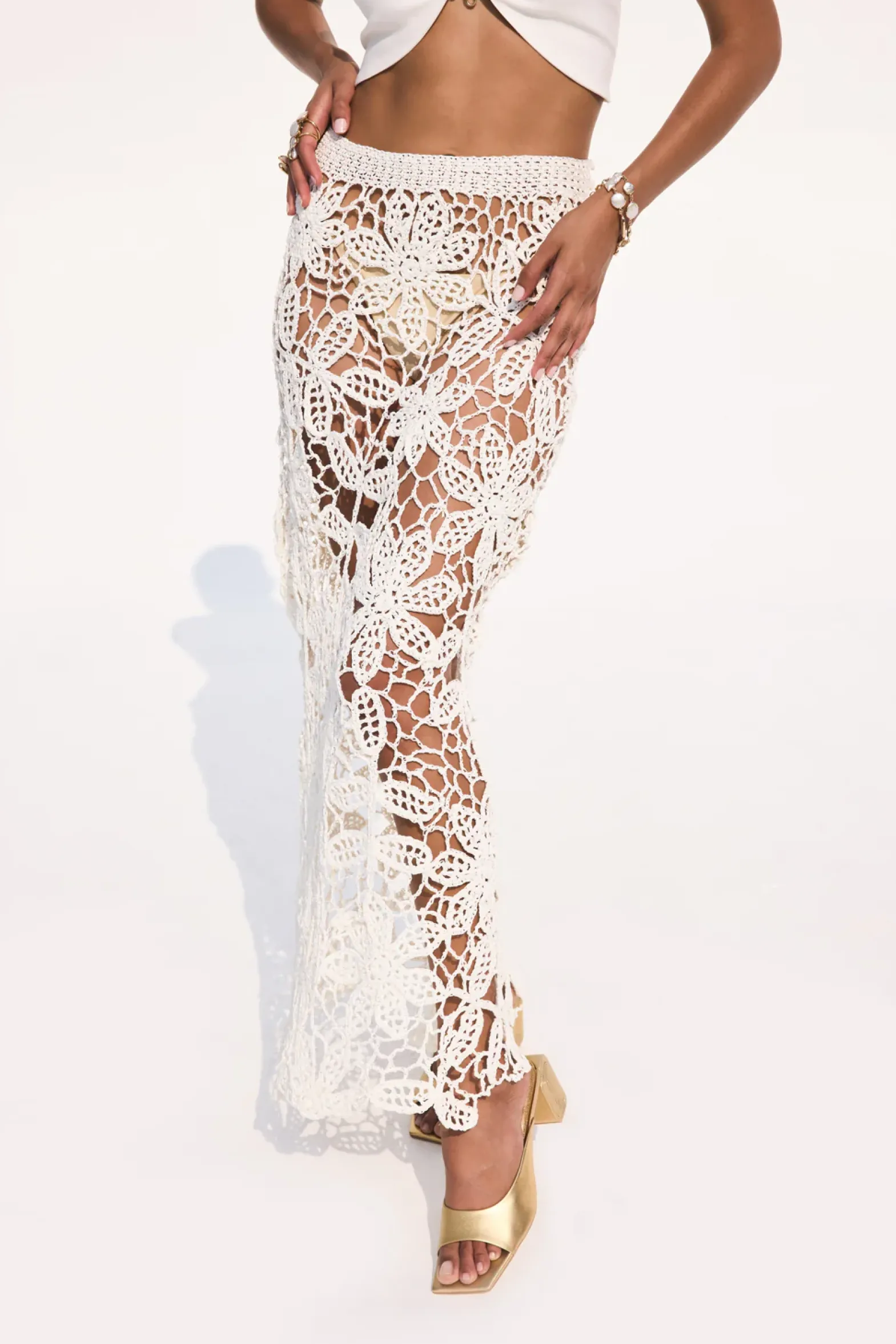 Bottoms|Knits>Cult Gaia AMINA CROCHET SKIRT - Off White