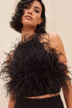 Tops>Cult Gaia JOEY FEATHER TOP - BLACK Black Feather